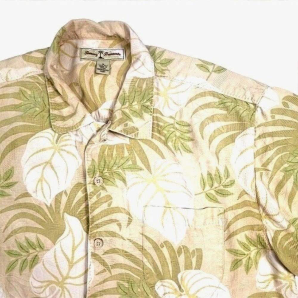 Tommy Bahama Silk Tropical Leaf Camp Shirt Tan Green Short Sleeve Mens Medium